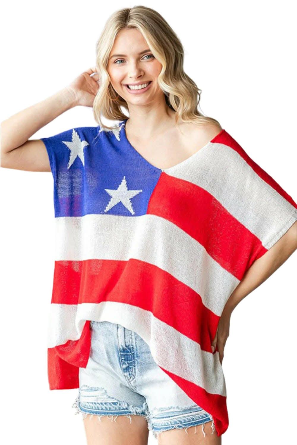 First Love Full Size USA Flag Drop Shoulder Knit Top - Love Salve